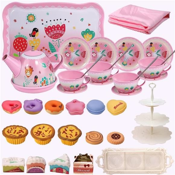 Tea Party Set for Little Girls, Princess Tea Time Toy Including Dessert,Cookies - Picture 3 of 6